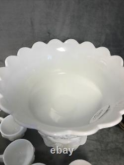 Westmoreland Milk Glass Paneled Grape Punch Bowl Set with Base & 16 Cups Nice