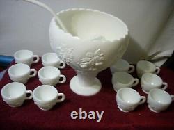 Westmoreland Milk Glass Paneled Punch Bowl Set with 12 Cups, Ladle and pedestal