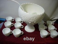 Westmoreland Milk Glass Paneled Punch Bowl Set with 12 Cups, Ladle and pedestal