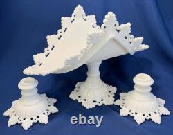 Westmoreland Milk Glass Ring Pedestal Banana Boat & Matching Candlesticks Set