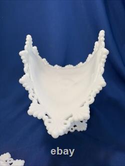 Westmoreland Milk Glass Ring Pedestal Banana Boat & Matching Candlesticks Set