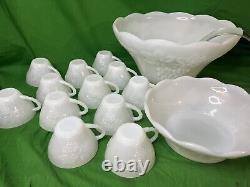 Westmoreland MilkGlass 12 Grape Punch Bowl + 12 Cups & Hooks + Extra 8.5 Bowl