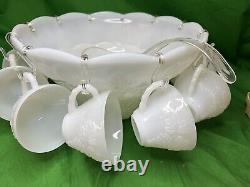 Westmoreland MilkGlass 12 Grape Punch Bowl + 12 Cups & Hooks + Extra 8.5 Bowl