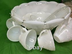 Westmoreland MilkGlass 12 Grape Punch Bowl + 12 Cups & Hooks + Extra 8.5 Bowl