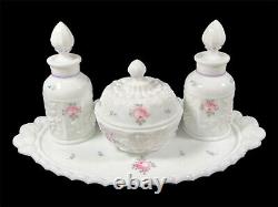 Westmoreland PANELED GRAPE ROSES & BOWS MILK GLASS 7pc DRESSER SETPG155