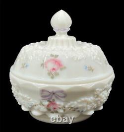 Westmoreland PANELED GRAPE ROSES & BOWS MILK GLASS 7pc DRESSER SETPG155