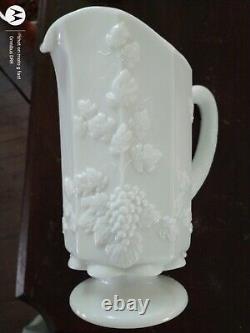 Westmoreland Paneled Milk Glass Pitcher Embossed Grapes & Vine, Vintage