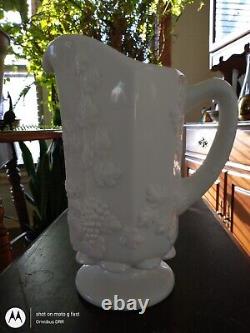 Westmoreland Paneled Milk Glass Pitcher Embossed Grapes & Vine, Vintage