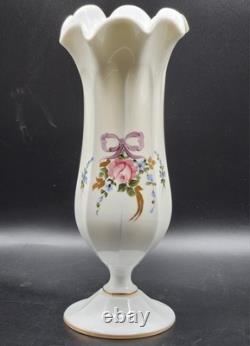Westmoreland Roses and Bows Hand Painted Milk Glass Footed Scalloped Flower Vase