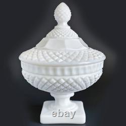 Westmoreland White Milk Glass Diamond Cut Compote Candy Bowl with Lid