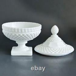Westmoreland White Milk Glass Diamond Cut Compote Candy Bowl with Lid