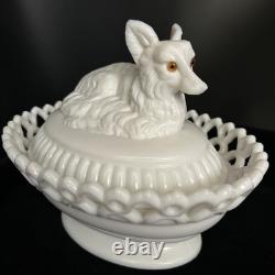 Westmoreland White Milk Glass Fox On Sailor Lacy Base Covered Serving Dish