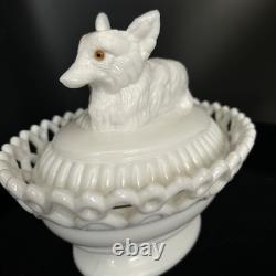 Westmoreland White Milk Glass Fox On Sailor Lacy Base Covered Serving Dish
