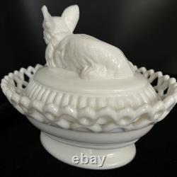Westmoreland White Milk Glass Fox On Sailor Lacy Base Covered Serving Dish