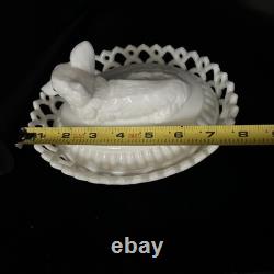 Westmoreland White Milk Glass Fox On Sailor Lacy Base Covered Serving Dish