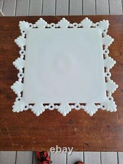 Westmoreland White Milk Glass Ring & Petal Square Pedestal Cake Stand Plate