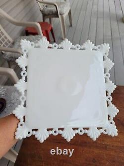 Westmoreland White Milk Glass Ring & Petal Square Pedestal Cake Stand Plate