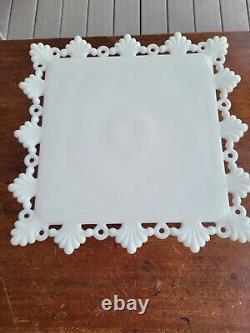 Westmoreland White Milk Glass Ring & Petal Square Pedestal Cake Stand Plate