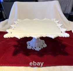Westmoreland White Milk Glass Square Pedestal Cake Stand Lace Edge