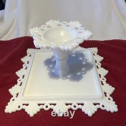 Westmoreland White Milk Glass Square Pedestal Cake Stand Lace Edge Westmoreland White Milk Glass Square Pedestal Cake Stand Lace Edge