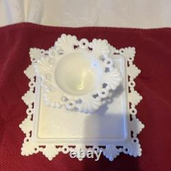 Westmoreland White Milk Glass Square Pedestal Cake Stand Lace Edge