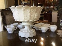 Westmoreland milk glass Grape punch bowl set vintage, 12 Cups