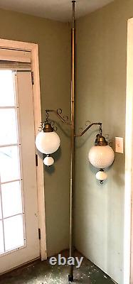 White Hobnail Milk Glass Brass Tension Pole Floor To Ceiling Parlor Lamp Vintage