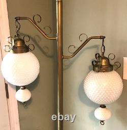 White Hobnail Milk Glass Brass Tension Pole Floor To Ceiling Parlor Lamp Vintage