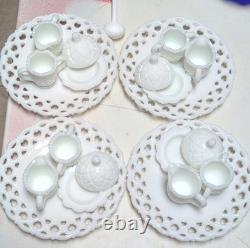 White Milk Glass Dish Set Lace & Diamond Pattern 21 Piece 4 Servings