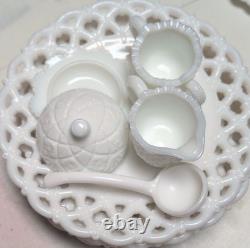 White Milk Glass Dish Set Lace & Diamond Pattern 21 Piece 4 Servings