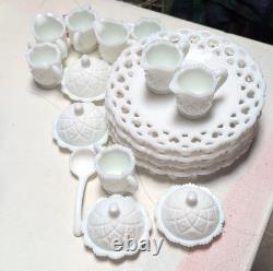 White Milk Glass Dish Set Lace & Diamond Pattern 21 Piece 4 Servings