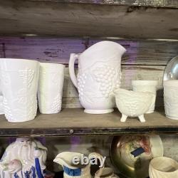 White Milk Glass Grape Pattern Pitcher with Handle, Decorative