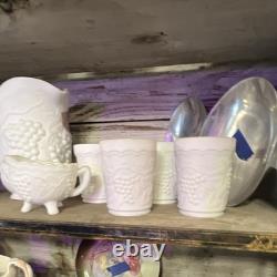 White Milk Glass Grape Pattern Pitcher with Handle, Decorative