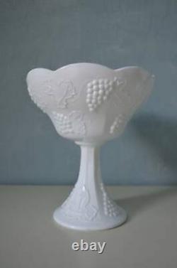 White Milk Glass Grapes & Leaves Pedestal Bowl 4 Dish Planters-Goblet-Vase-Weddi