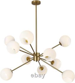 White Milk Glass Hanging Chandelier 10 Lights Mid Century Modern Globe Sputnik C