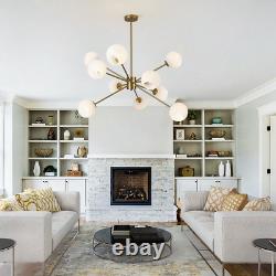 White Milk Glass Hanging Chandelier 10 Lights Mid Century Modern Globe Sputnik C