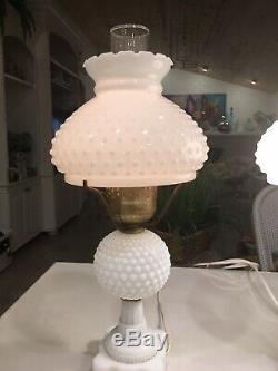 White Milk Glass Hobnail Lamp Pair