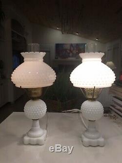 White Milk Glass Hobnail Lamp Pair