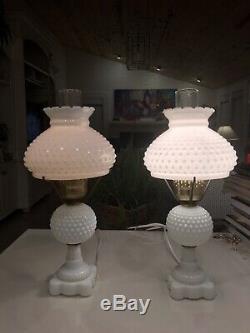 White Milk Glass Hobnail Lamp Pair