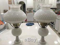 White Milk Glass Hobnail Lamp Pair