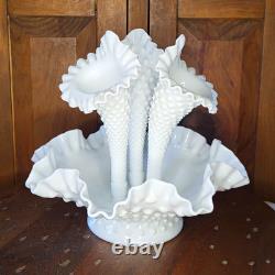 White Milk Glass Hobnail Textured Epergne Centerpiece with 3 Removable Horns