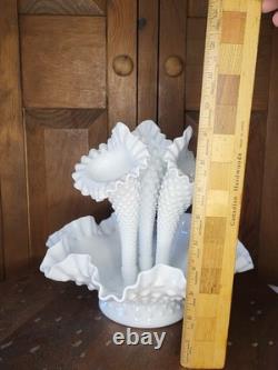 White Milk Glass Hobnail Textured Epergne Centerpiece with 3 Removable Horns