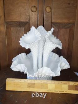 White Milk Glass Hobnail Textured Epergne Centerpiece with 3 Removable Horns