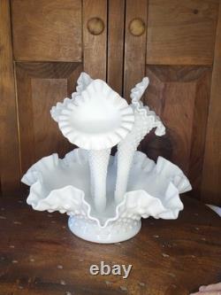 White Milk Glass Hobnail Textured Epergne Centerpiece with 3 Removable Horns
