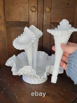 White Milk Glass Hobnail Textured Epergne Centerpiece with 3 Removable Horns