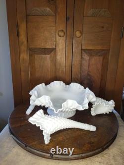 White Milk Glass Hobnail Textured Epergne Centerpiece with 3 Removable Horns