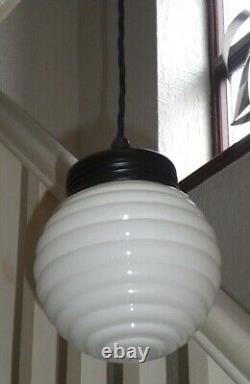 White Milk Glass PENDANT LIGHT, Beehive Design Mid Century, Vintage, Bauhaus