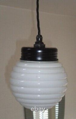 White Milk Glass PENDANT LIGHT, Beehive Design Mid Century, Vintage, Bauhaus