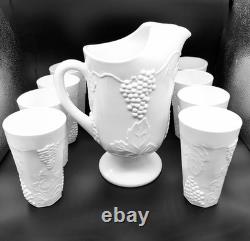 White Milk Glass Pitcher Set with Grape Leaf Pattern 9-Piece Imperial set