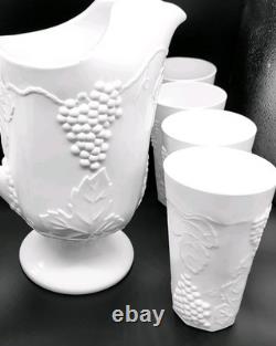 White Milk Glass Pitcher Set with Grape Leaf Pattern 9-Piece Imperial set